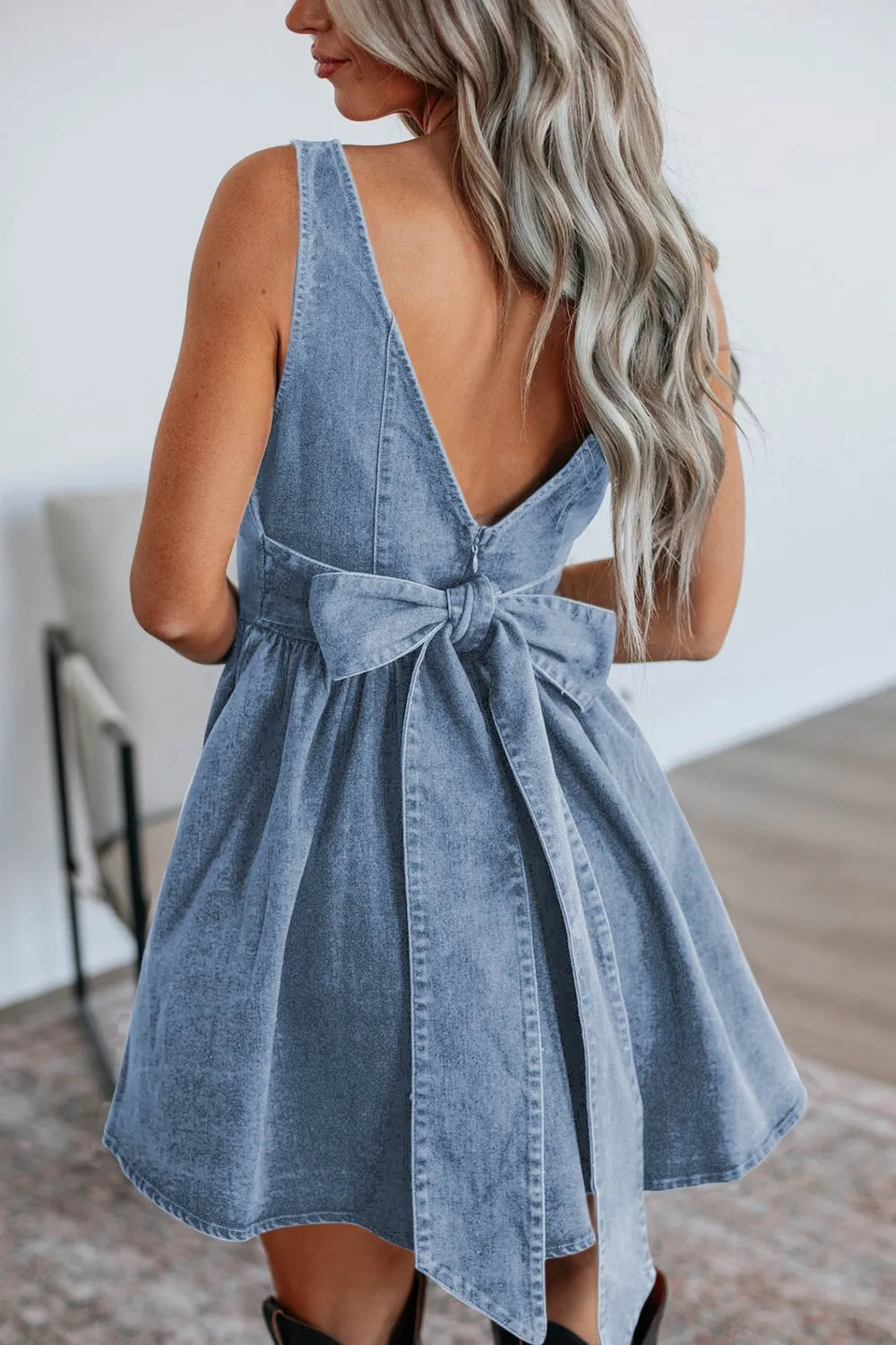 V-Back Bow Tie Denim Skater Dress  ALWAYSFOREVERBELOIT