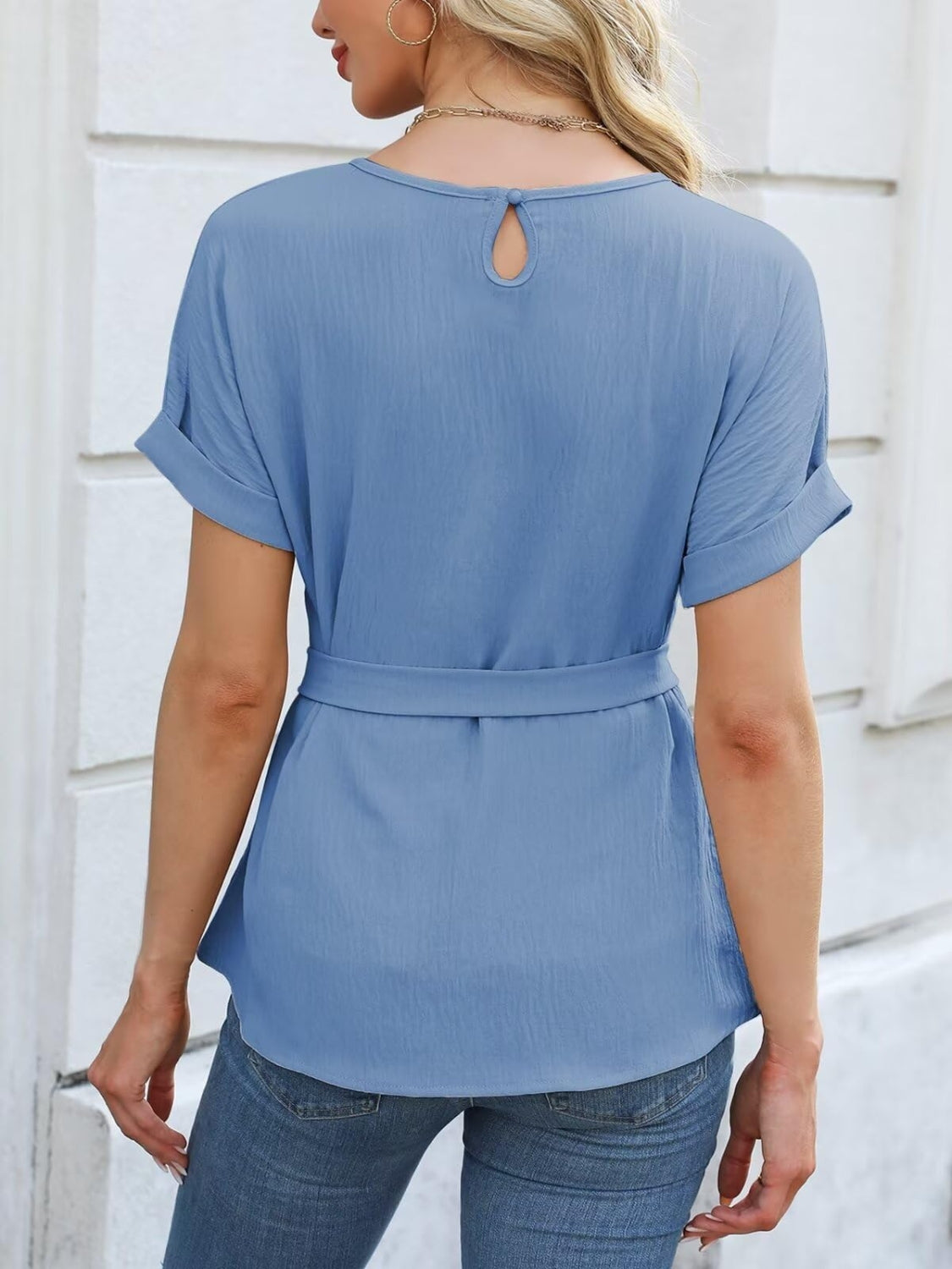 Tie Waist Round Neck Short Sleeve Blouse