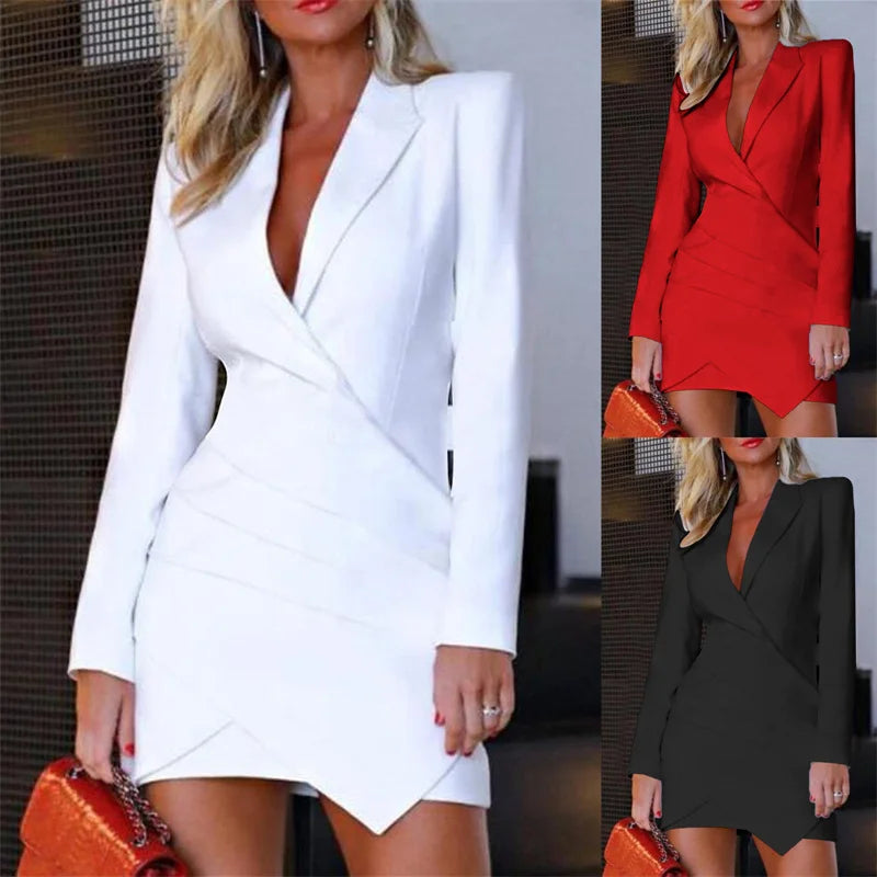 Women's Elegant Lapel Blazer Dress Suit Jacket Female Casual Long Sleeve Solid Mini Dresses Korean Versions Sexy Spring Autumn