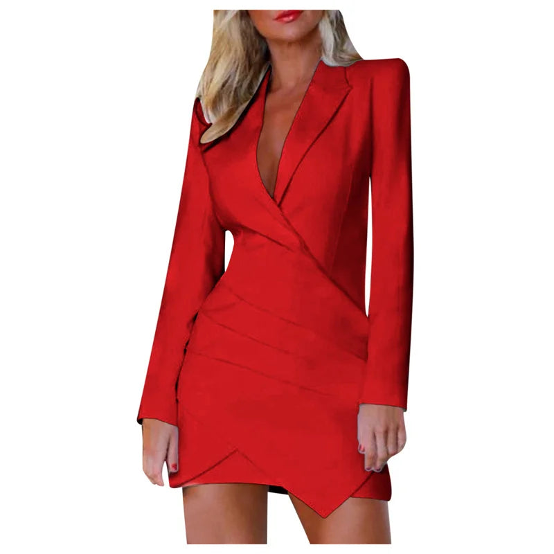 Women's Elegant Lapel Blazer Dress Suit Jacket Female Casual Long Sleeve Solid Mini Dresses Korean Versions Sexy Spring Autumn