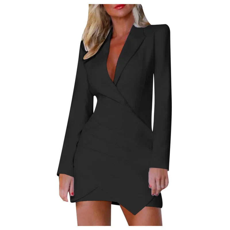 Women's Elegant Lapel Blazer Dress Suit Jacket Female Casual Long Sleeve Solid Mini Dresses Korean Versions Sexy Spring Autumn