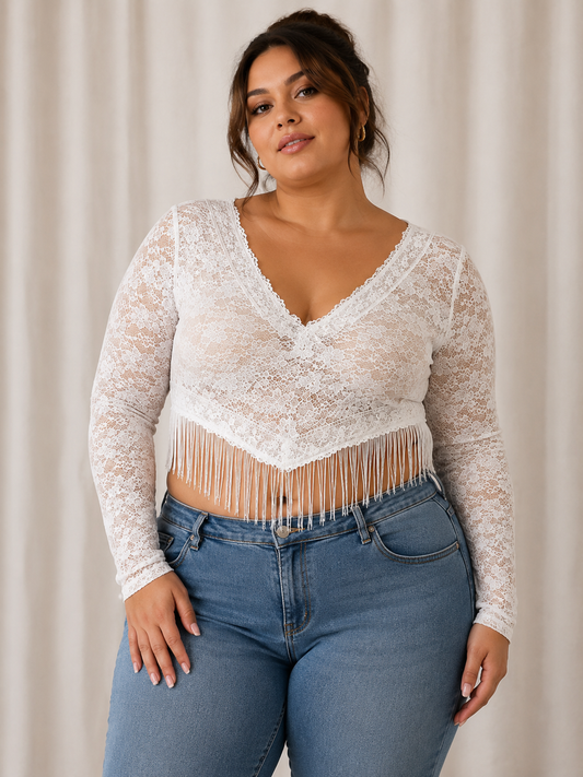 Full Size Fringe Hem Lace Long Sleeve Top Plus Size