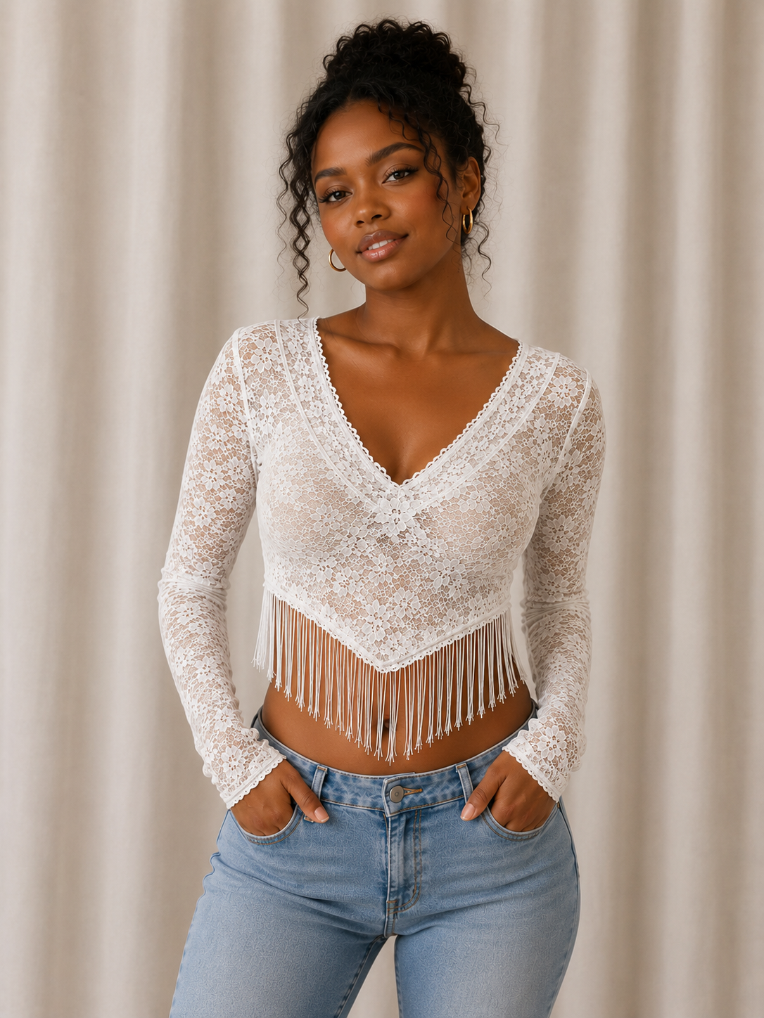 Full Size Fringe Hem Lace Long Sleeve Top Plus Size