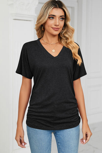 Ruched V-Neck Short Sleeve T-Shirt