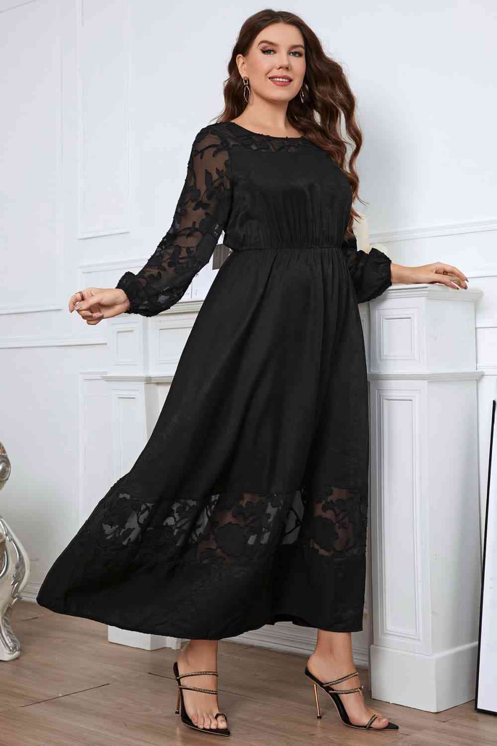Melo Apparel Plus Size Embroidery Round Neck Long Sleeve Maxi Dress