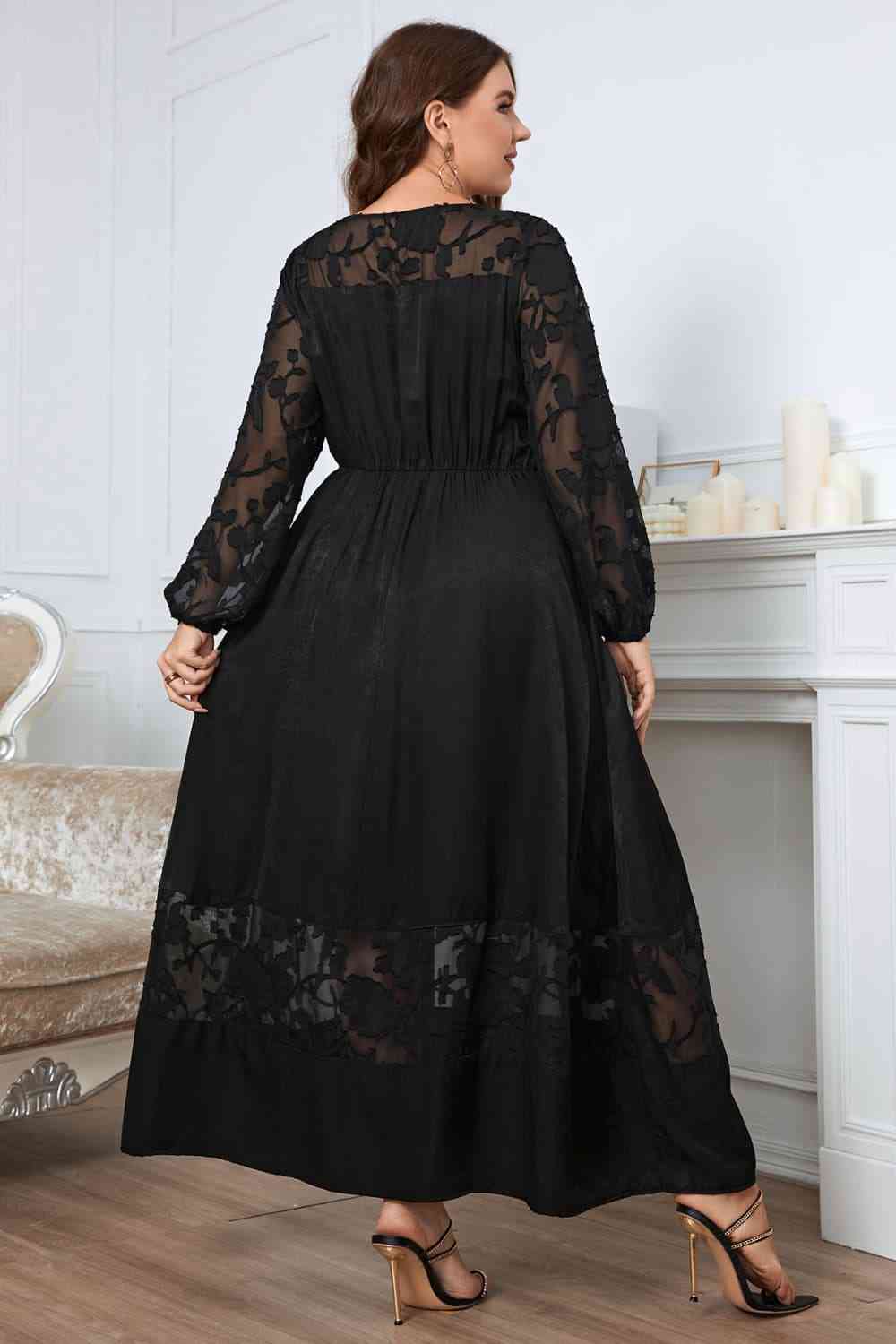 Melo Apparel Plus Size Embroidery Round Neck Long Sleeve Maxi Dress